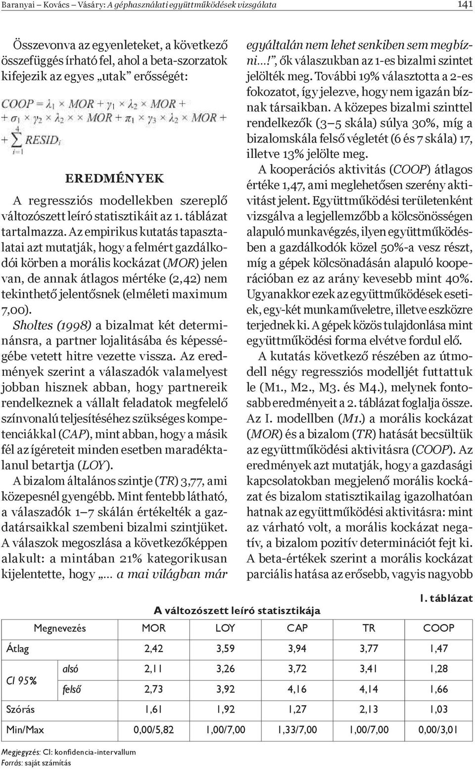 Az empirikus kutatás tapasztalatai azt mutatják, hogy a felmért gazdálkodói körben a morális kockázat (MOR) jelen van, de annak átlagos mértéke (2,42) nem tekinthet jelent snek (elméleti maximum