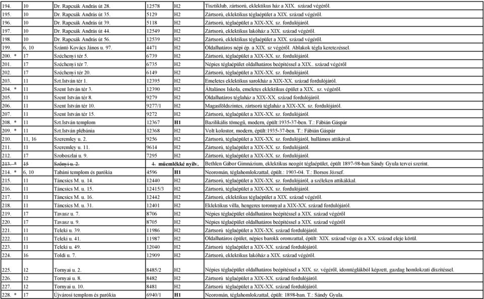 12539 H2 Zártsorú, eklektikus téglaépület a XIX. század végéről. 199. 6, 10 Szántó Kovács János u. 97. 4471 H2 Oldalhatáros népi ép. a XIX. sz végéről. Ablakok tégla keretezéssel. 200.