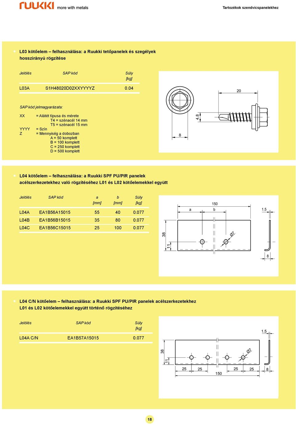 komplett 8 4.8 L04 kötőelem felhsználás: Ruukki SPF PU/PIR pnelek célszerkezetekhez vló rögzítéséhez L01 és L02 kötőelemekkel együtt SAP kód L04A EA1B56A15 55 0.077 1.