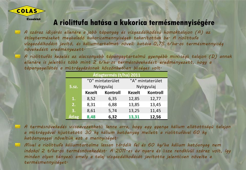 A riolittufás kezelés az alacsonyabb tápanyagtartalmú gyengébb minőségű talajon (D) annak ellenére is jelentős több mint 2 t/ha-os termésnövekedést eredményezett, hogy a tápanyagellátás a