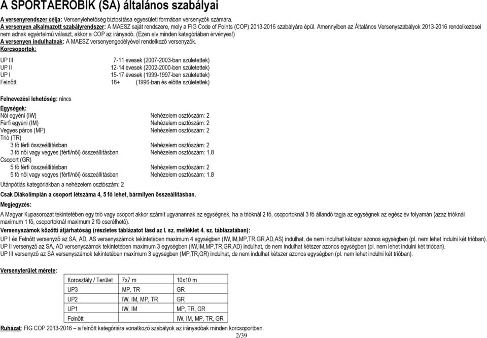 Amennyiben az Általános Versenyszabályok 2013-2016 rendelkezései nem adnak egyértelmű választ, akkor a COP az irányadó. (Ezen elv minden kategóriában érvényes!