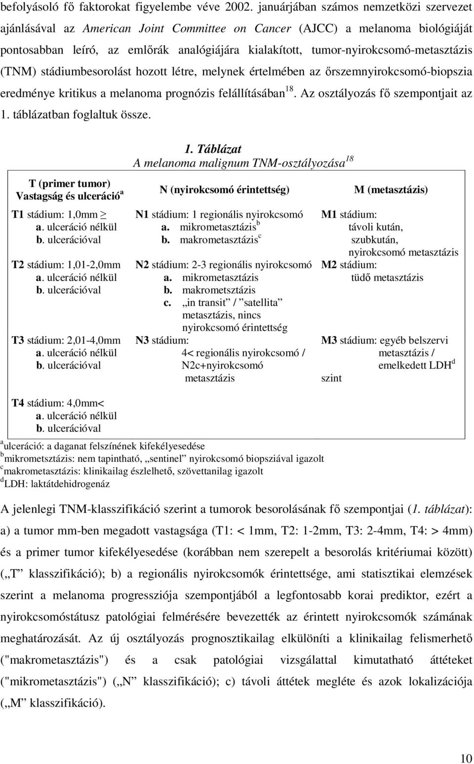 tumor-nyirokcsomó-metasztázis (TNM) stádiumbesorolást hozott létre, melynek értelmében az ırszemnyirokcsomó-biopszia eredménye kritikus a melanoma prognózis felállításában 18.