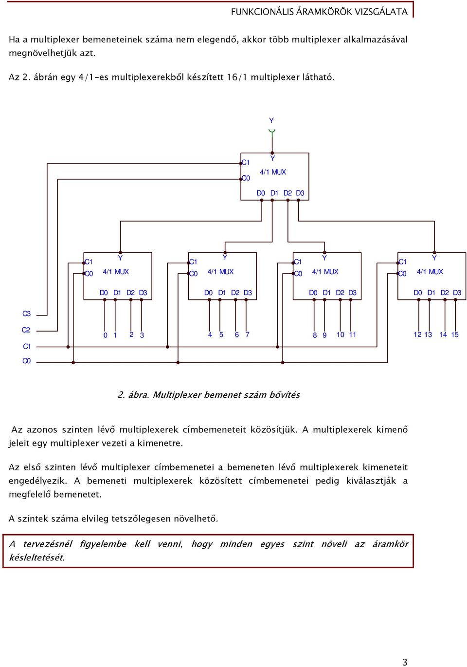 Multiplexer bemenet szám bővítés Az azonos szinten lévő multiplexerek címbemeneteit közösítjük. A multiplexerek kimenő jeleit egy multiplexer vezeti a kimenetre.