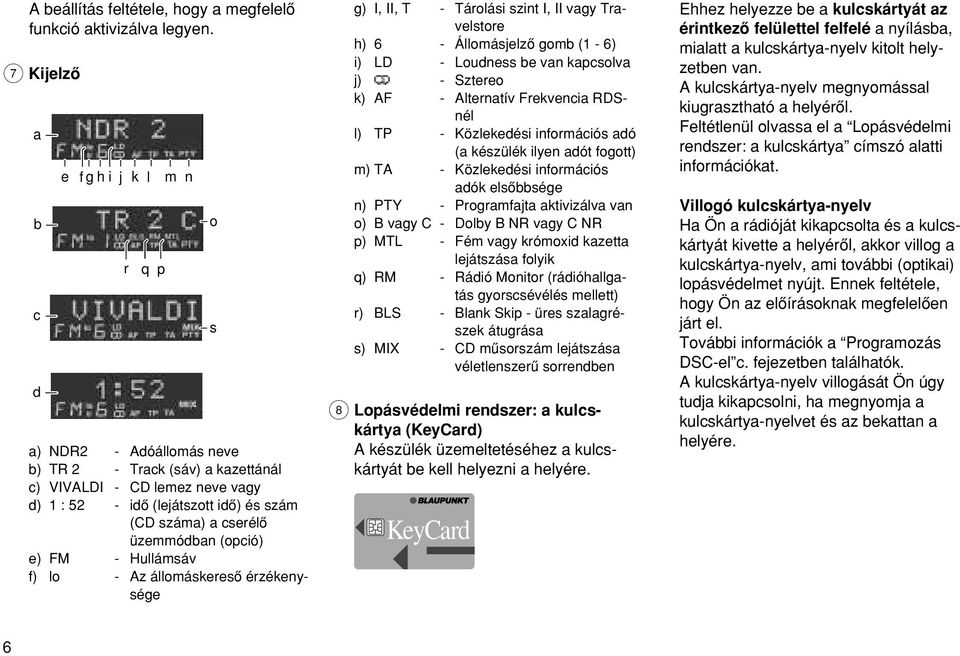 üzemmódban (opció) e) FM - Hullámsáv f) lo - Az állomáskeresœ érzékenysége o s g) I, II, T - Tárolási szint I, II vagy Travelstore h) 6 - Állomásjelzœ gomb (1-6) i) LD - Loudness be van kapcsolva j)