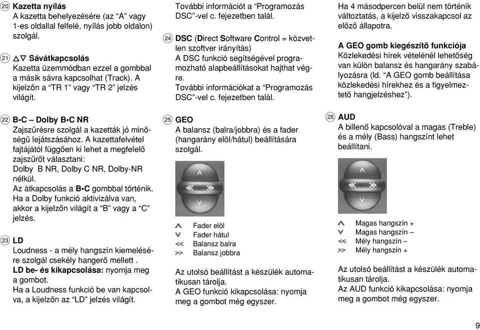 H DSC (Direct Software Control = közvetlen szoftver irányítás) A DSC funkció segítségével programozható alapbeállításokat hajthat végre. További információkat a Programozás DSC -vel c.