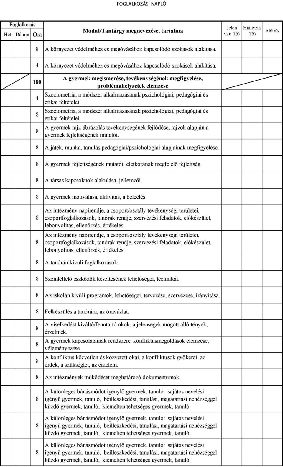 Foglalkozási napló. Gyógypedagógiai segítő munkatárs 13. évfolyam - PDF  Ingyenes letöltés