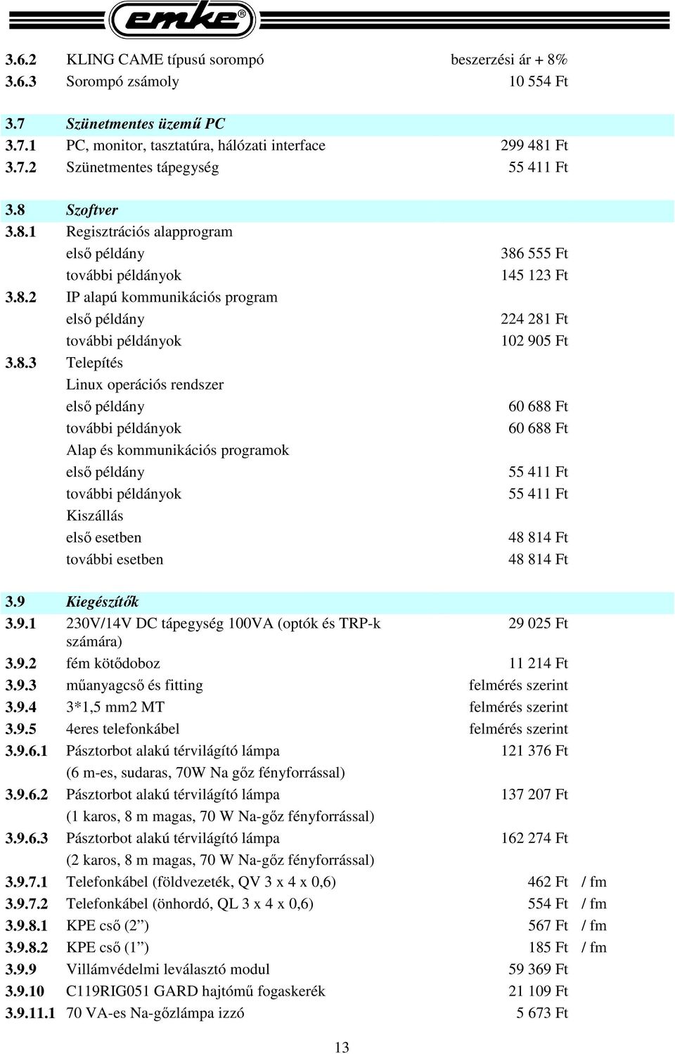 további példányok Alap és kommunikációs programok első példány további példányok Kiszállás első esetben további esetben 386 555 Ft 145 123 Ft 224 281 Ft 102 905 Ft 60 688 Ft 60 688 Ft 55 411 Ft 55