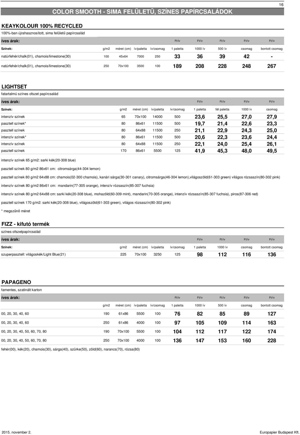 papírcsalád íves árak: Ft/ív Ft/ív Ft/ív Ft/ív Színek: g/m2 méret (cm) ív/paletta ív/ 1 paletta fél paletta 1000 ív intenzív színek 65 70x100 14000 500 23,6 25,5 27,0 27,9 pasztell színek* 80 86x61