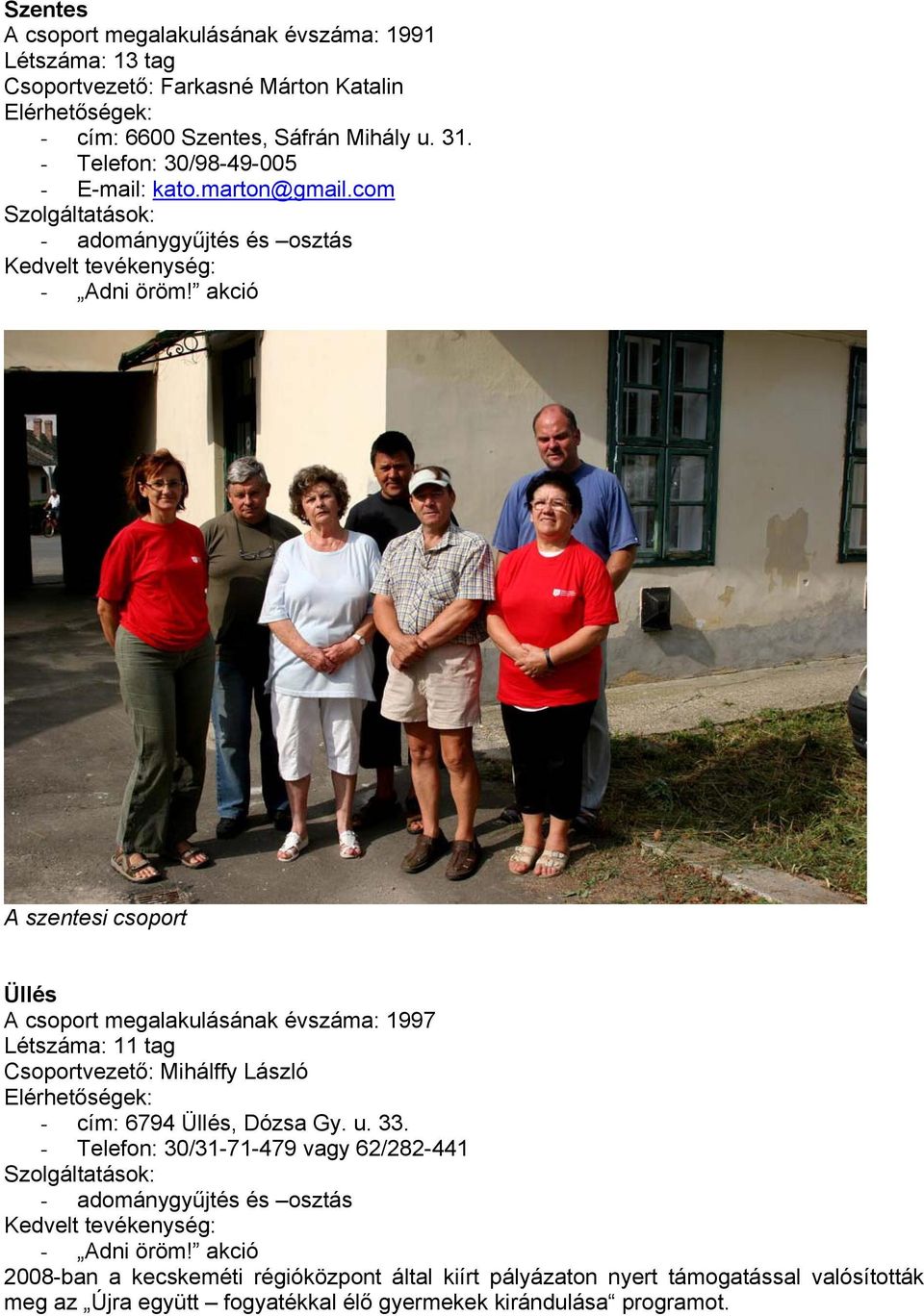 com - adománygyűjtés és osztás A szentesi csoport Üllés A csoport megalakulásának évszáma: 1997 Létszáma: 11 tag Csoportvezető: Mihálffy László - cím: