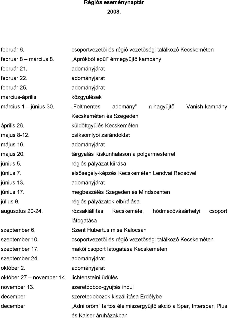 küldöttgyűlés Kecskeméten május 8-12. csíksomlyói zarándoklat május 16. adományjárat május 20. tárgyalás Kiskunhalason a polgármesterrel június 5. régiós pályázat kiírása június 7.