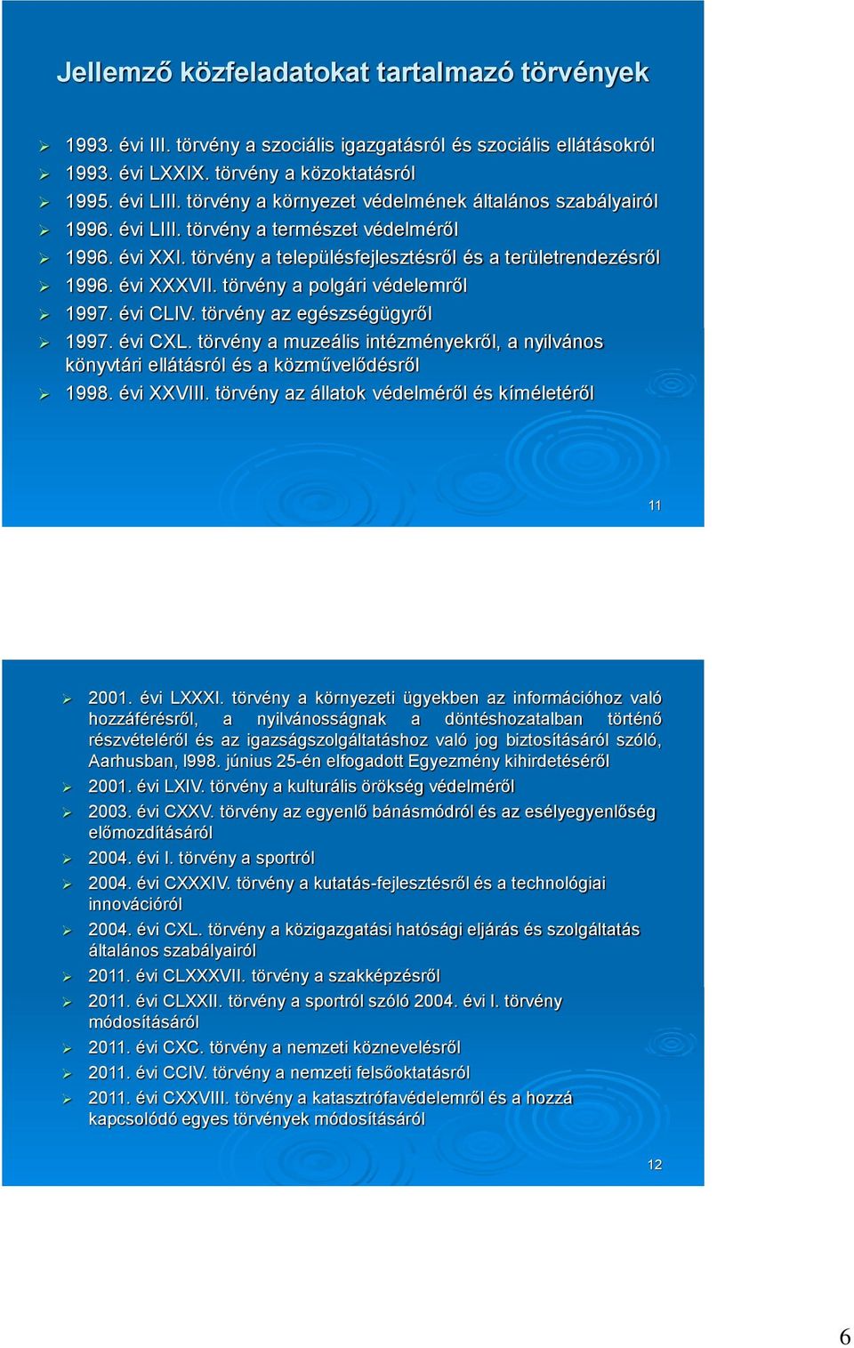 törvény a polgári védelemről 1997. évi CLIV. törvény az egészségügyről 1997. évi CXL. törvény a muzeális intézményekről, a nyilvános könyvtári ellátásról és a közművelődésről 1998. évi XXVIII.