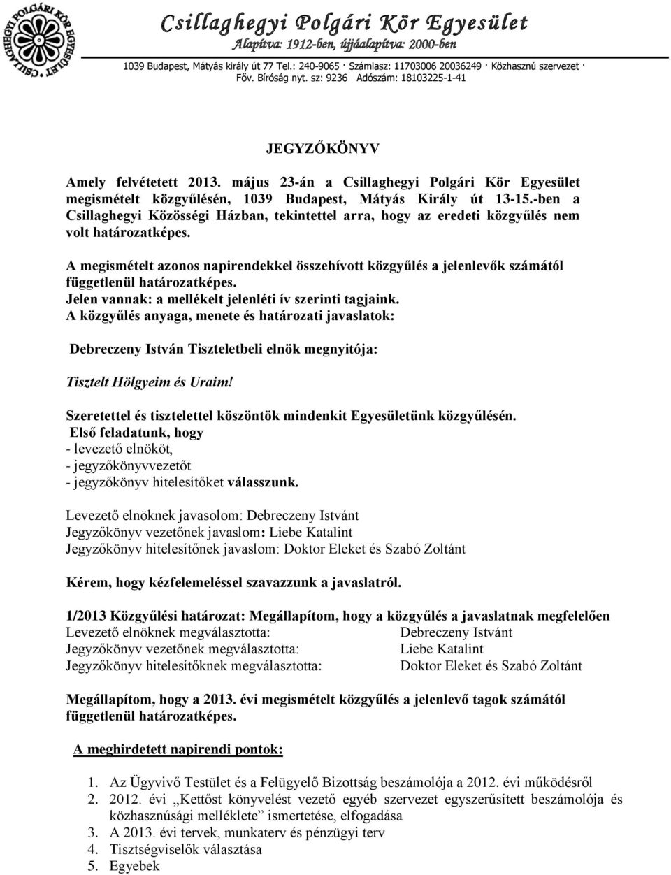 -ben a Csillaghegyi Közösségi Házban, tekintettel arra, hogy az eredeti közgyűlés nem volt határozatképes.