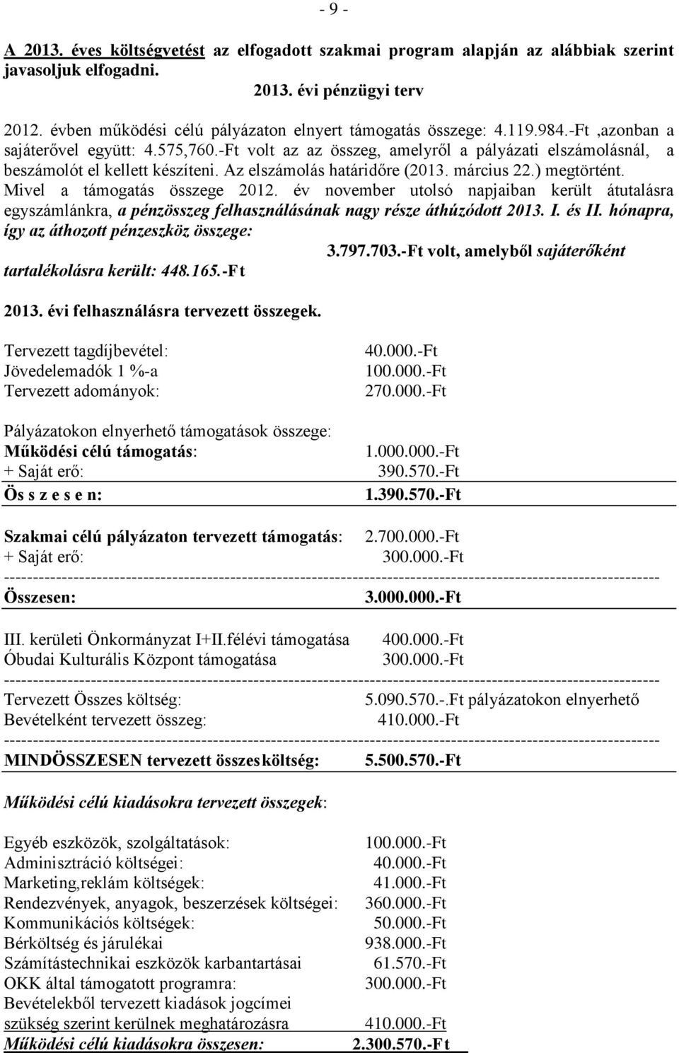 -Ft volt az az összeg, amelyről a pályázati elszámolásnál, a beszámolót el kellett készíteni. Az elszámolás határidőre (2013. március 22.) megtörtént. Mivel a támogatás összege 2012.