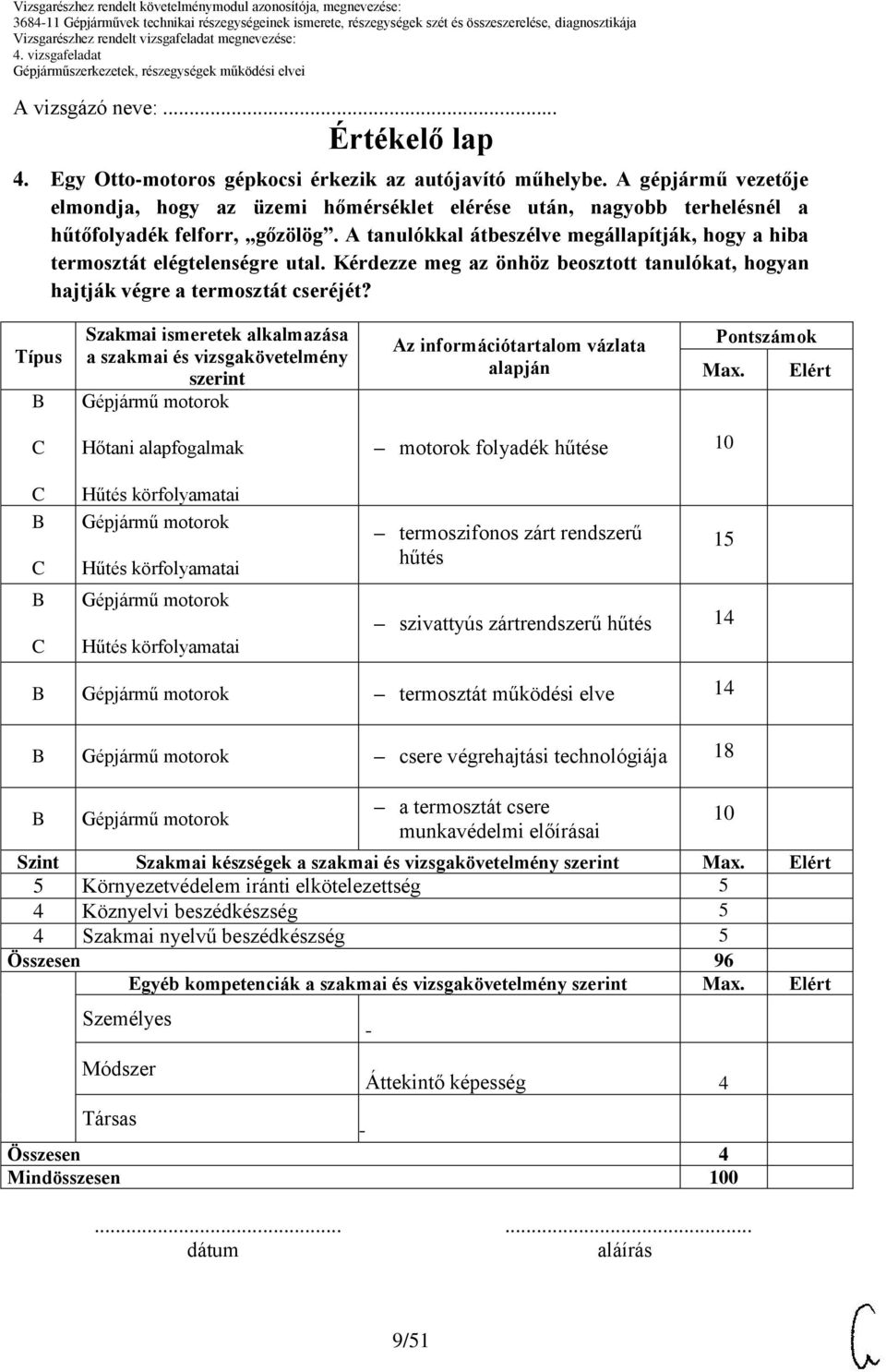 A tanulókkal átbeszélve megállapítják, hogy a hiba termosztát elégtelenségre utal. Kérdezze meg az önhöz beosztott tanulókat, hogyan hajtják végre a termosztát cseréjét?