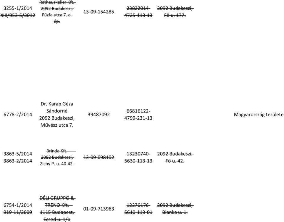 3863-5/2014 3863-2/2014 Brinda Kft. Zichy P. u. 40-42. 13-09-098102 13230740-5630-113-13 Fő u. 42.