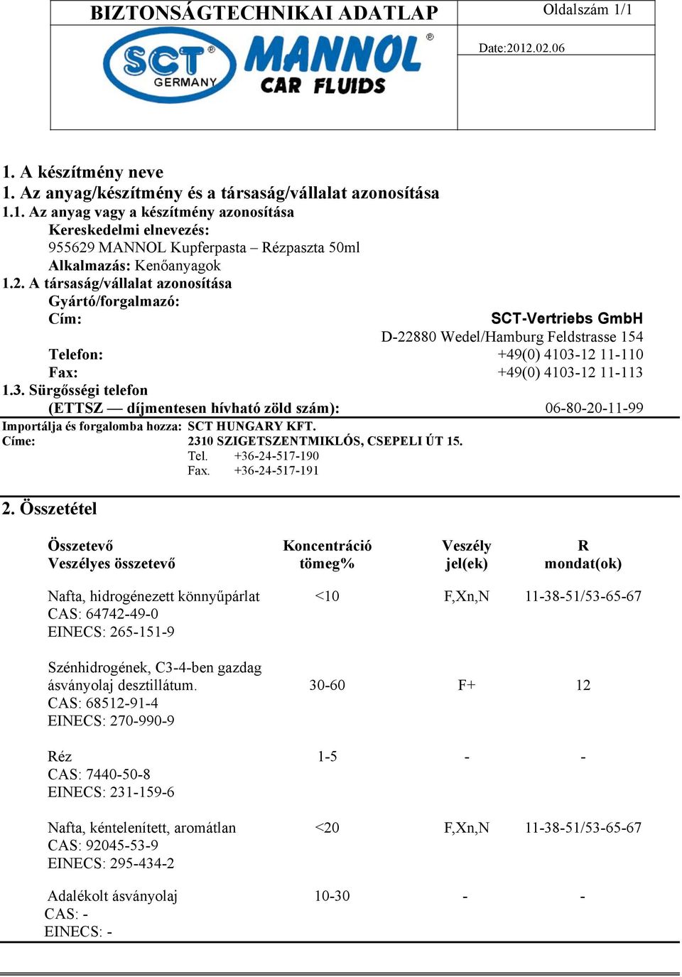 12 11-110 Fax: +49(0) 4103-12 11-113 1.3. Sürgősségi telefon (ETTSZ díjmentesen hívható zöld szám): 06-80-20-11-99 Importálja és forgalomba hozza: SCT HUNGARY KFT.