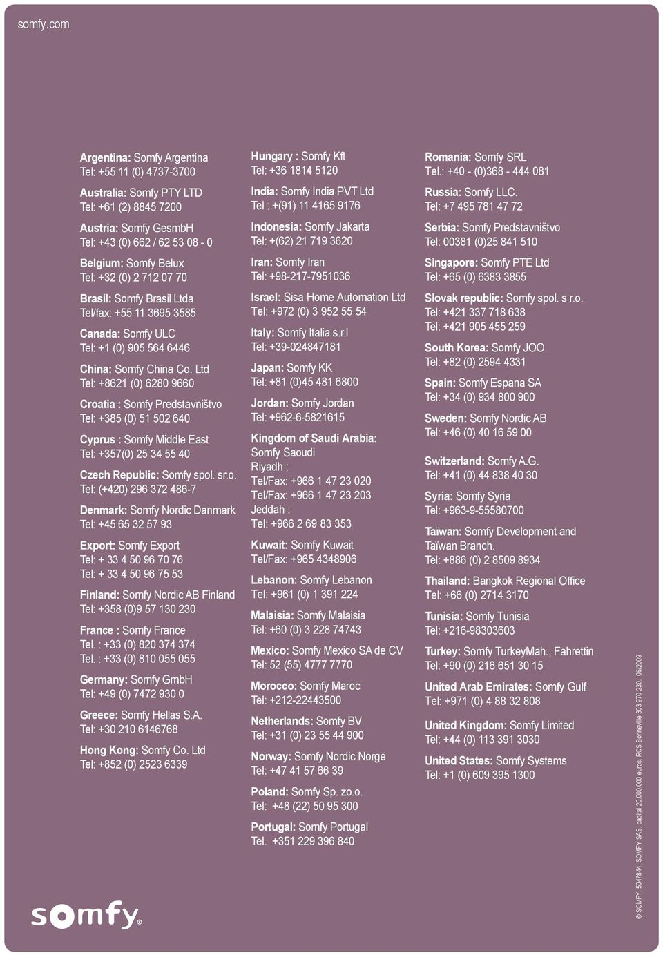 Tel: +7 495 781 47 72 Austria: Somfy GesmbH Tel: +43 (0) 662 / 62 53 08-0 Indonesia: Somfy Jakarta Tel: +(62) 21 719 3620 Serbia: Somfy Predstavništvo Tel: 00381 (0)25 841 510 Belgium: Somfy Belux