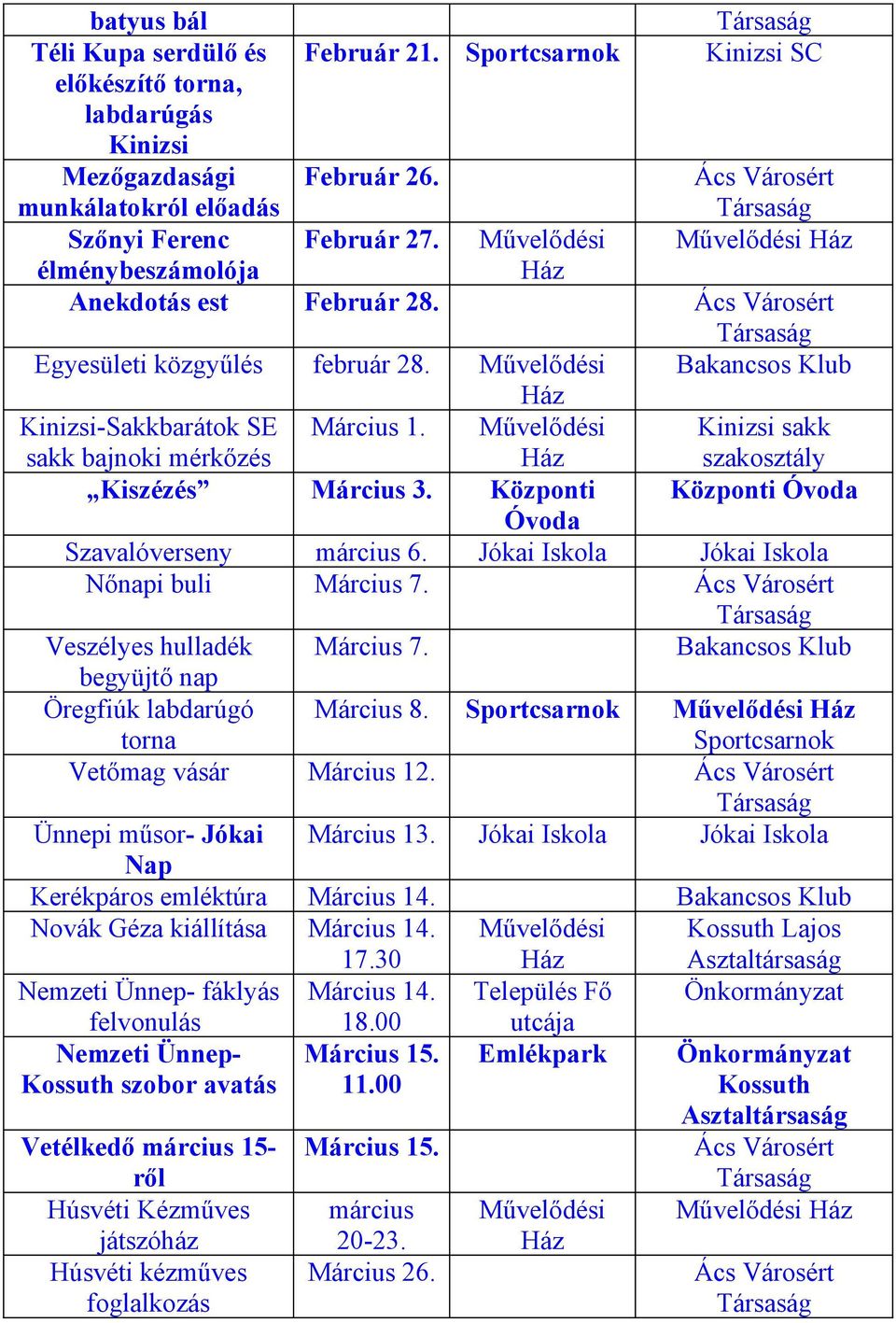 Központi Központi Szavalóverseny március 6. Jókai Jókai Nőnapi buli Március 7. Veszélyes hulladék Március 7. begyüjtő nap Öregfiúk labdarúgó torna Március 8. Vetőmag vásár Március 12.