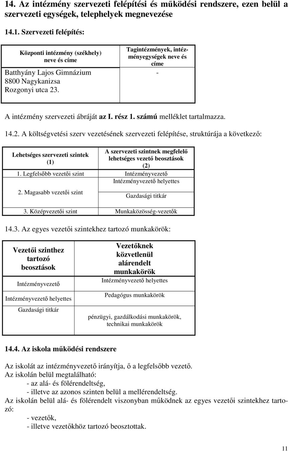 A költségvetési szerv vezetésének szervezeti felépítése, struktúrája a következő: Lehetséges szervezeti szintek (1) A szervezeti szintnek megfelelő lehetséges vezető beosztások (2) 1.