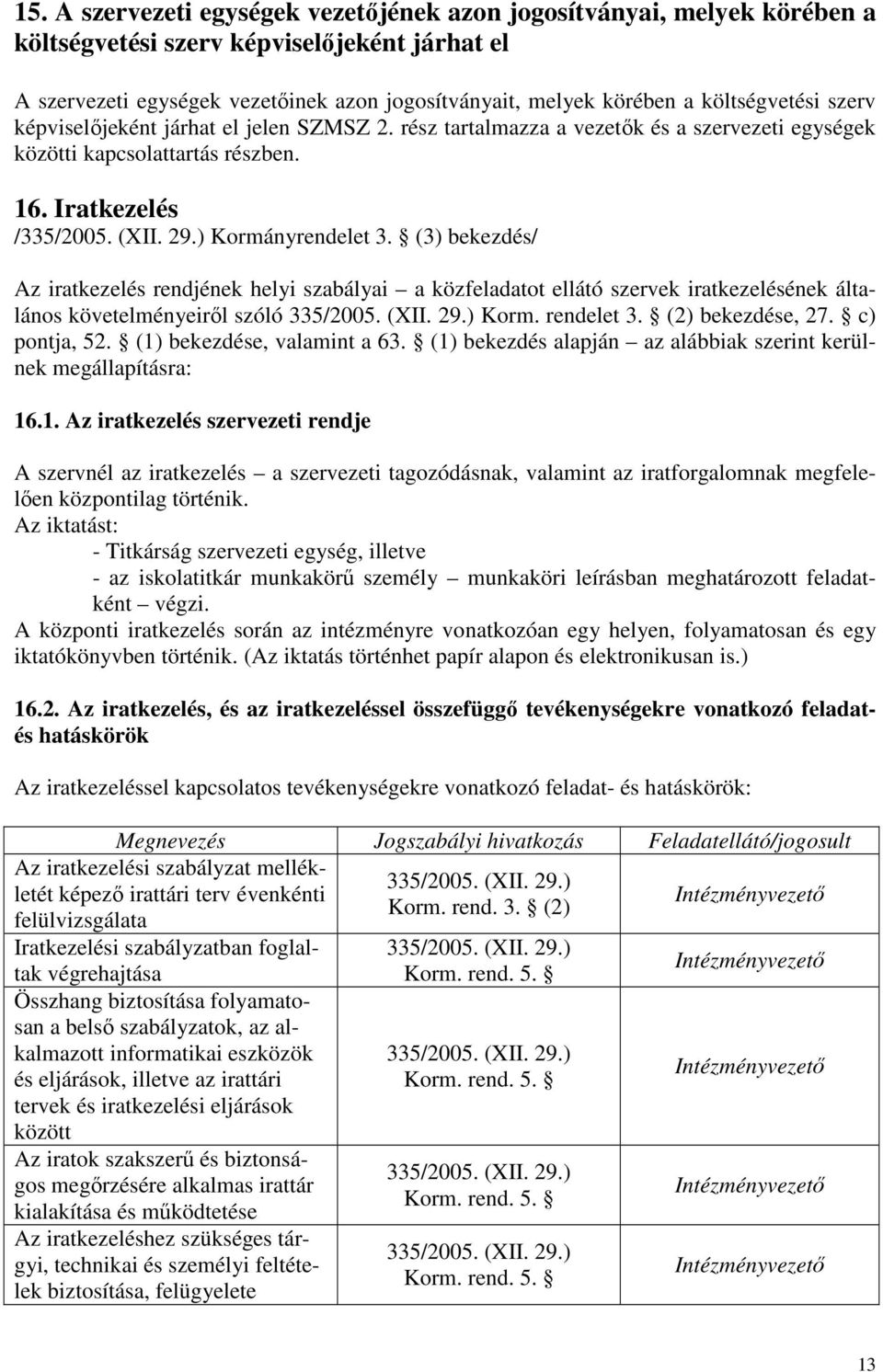 ) Kormányrendelet 3. (3) bekezdés/ Az iratkezelés rendjének helyi szabályai a közfeladatot ellátó szervek iratkezelésének általános követelményeiről szóló 335/2005. (XII. 29.) Korm. rendelet 3.