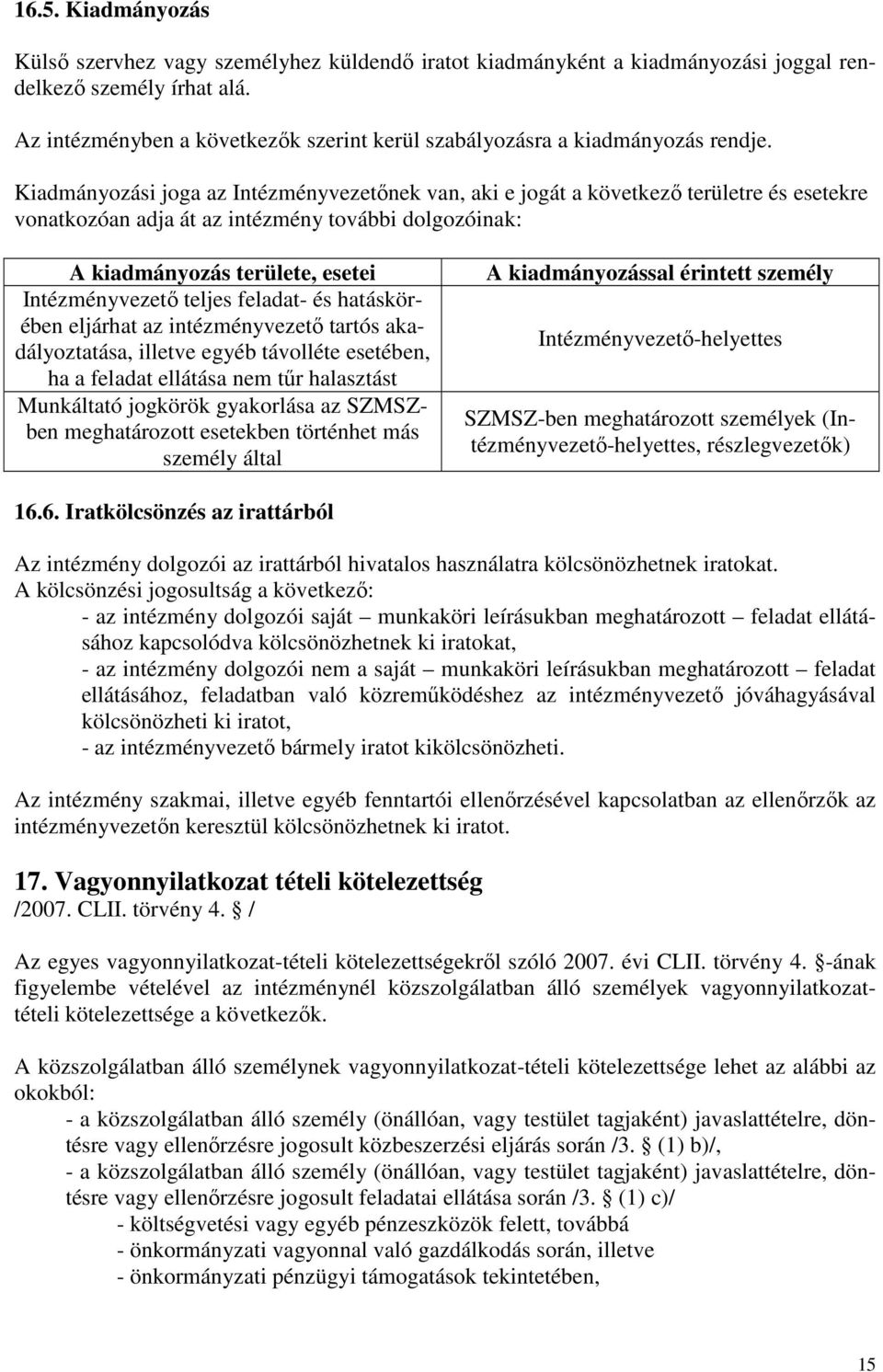 Kiadmányozási joga az Intézményvezetőnek van, aki e jogát a következő területre és esetekre vonatkozóan adja át az intézmény további dolgozóinak: A kiadmányozás területe, esetei Intézményvezető