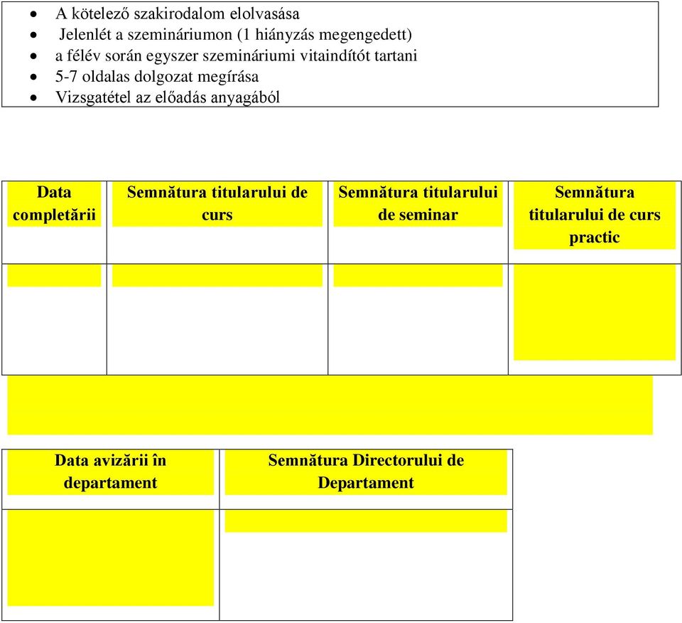 anyagából Data completării Semnătura titularului de curs Semnătura titularului de seminar