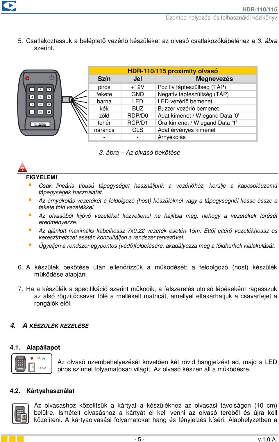 Adat kimenet / Wiegand Data 0 fehér RCP/D1 Óra kimenet / Wiegand Data 1 narancs CLS Adat érvényes kimenet - - Árnyékolás 3. ábra Az olvasó bekötése FIGYELEM!