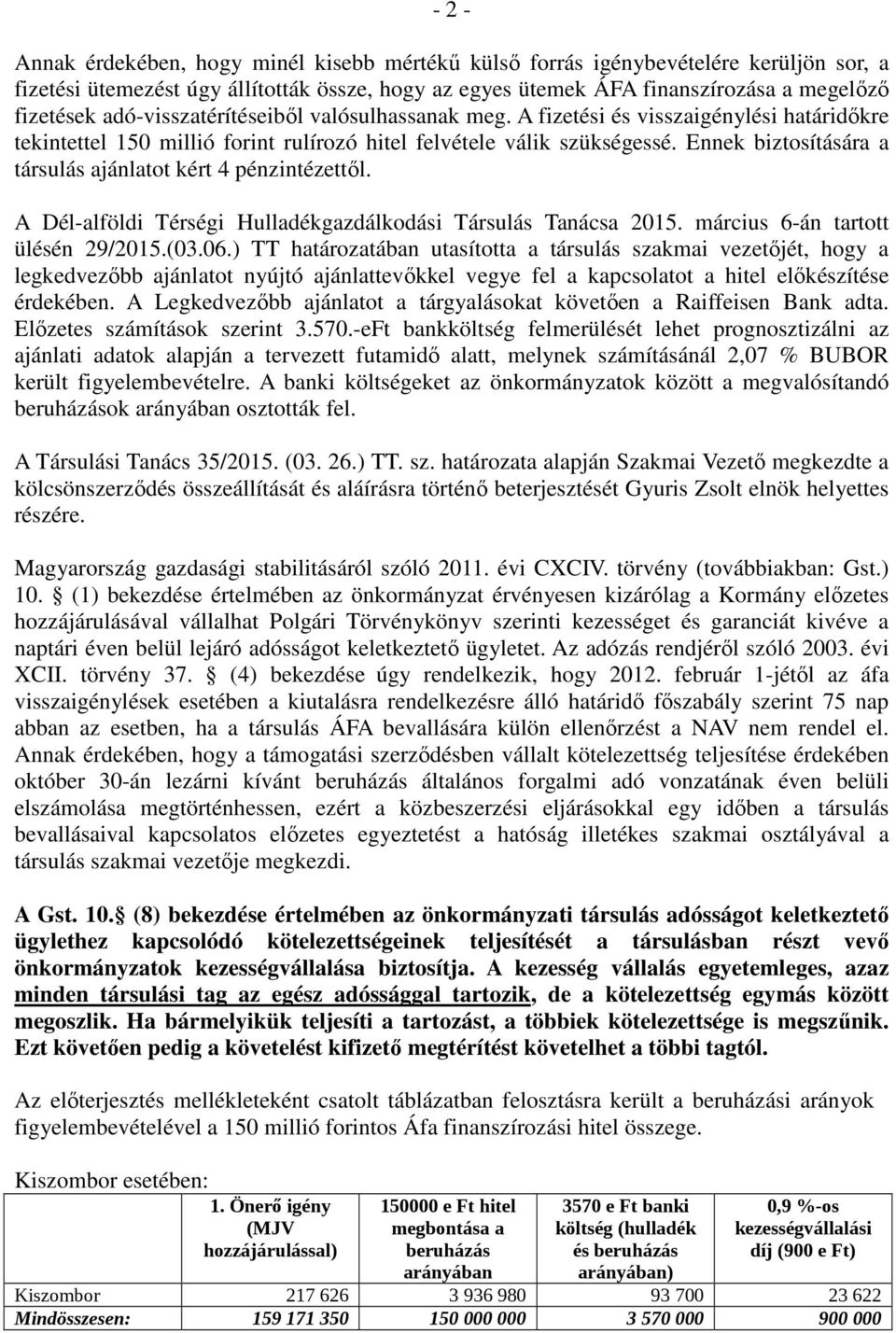 Ennek biztosítására a társulás ajánlatot kért 4 pénzintézettől. A Dél-alföldi Térségi Hulladékgazdálkodási Társulás Tanácsa 2015. március 6-án tartott ülésén 29/2015.(03.06.