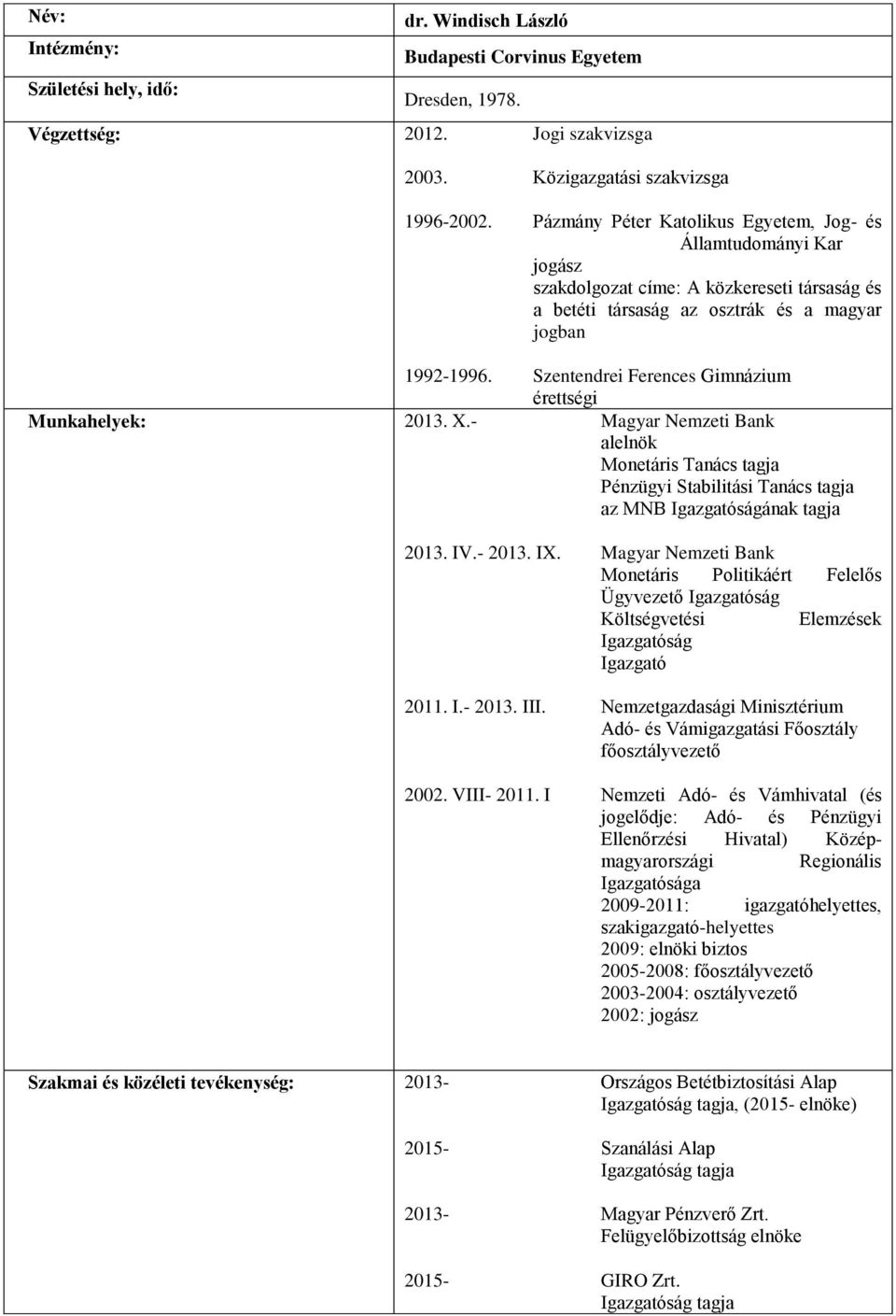 Szentendrei Ferences Gimnázium érettségi Munkahelyek: 2013. X.- Magyar Nemzeti Bank alelnök Monetáris Tanács tagja Pénzügyi Stabilitási Tanács tagja az MNB Igazgatóságának tagja 2013. IV.- 2013. IX.