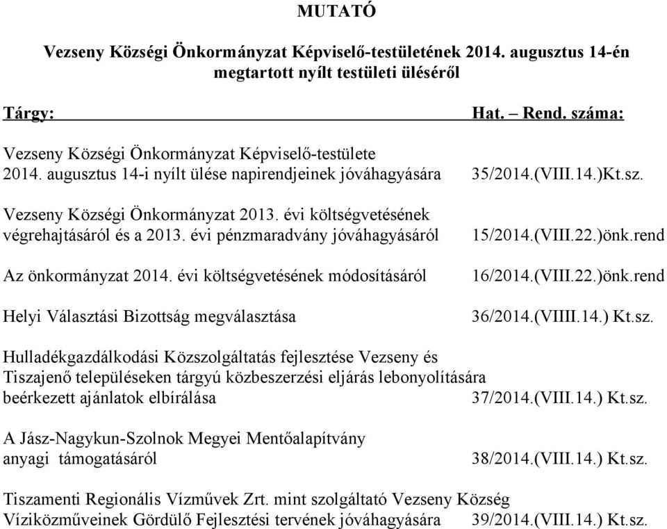 évi pénzmaradvány jóváhagyásáról Az önkormányzat 2014. évi költségvetésének módosításáról Helyi Választási Bizottság megválasztása 15/2014.(VIII.22.)önk.rend 16/2014.(VIII.22.)önk.rend 36/2014.(VIIII.