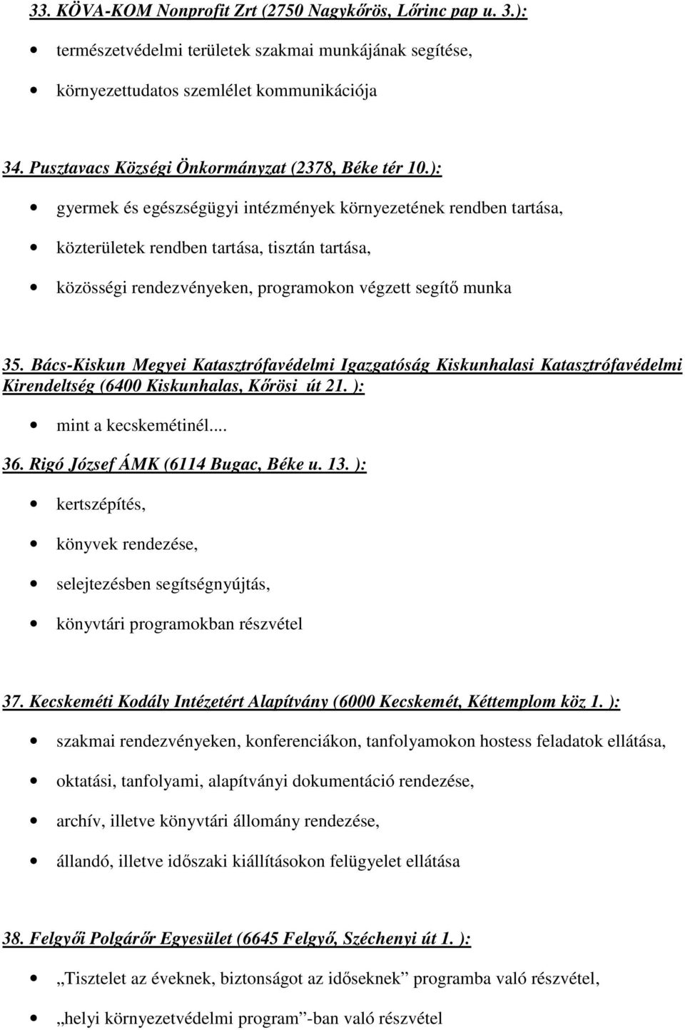 ): gyermek és egészségügyi intézmények környezetének rendben tartása, közterületek rendben tartása, tisztán tartása, közösségi rendezvényeken, programokon végzett segítő munka 35.