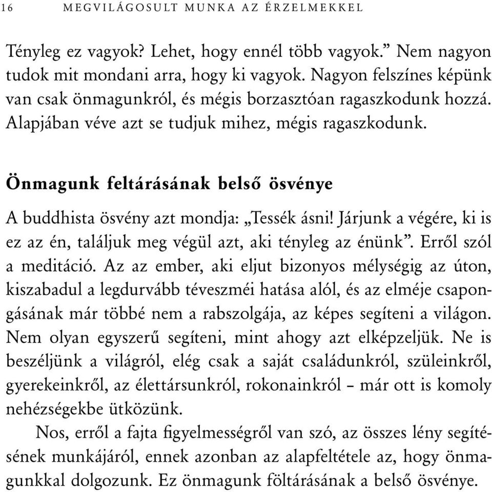 Önmagunk feltárásának belső ösvénye A buddhista ösvény azt mondja: Tessék ásni! Járjunk a végére, ki is ez az én, találjuk meg végül azt, aki tényleg az énünk. Erről szól a meditáció.