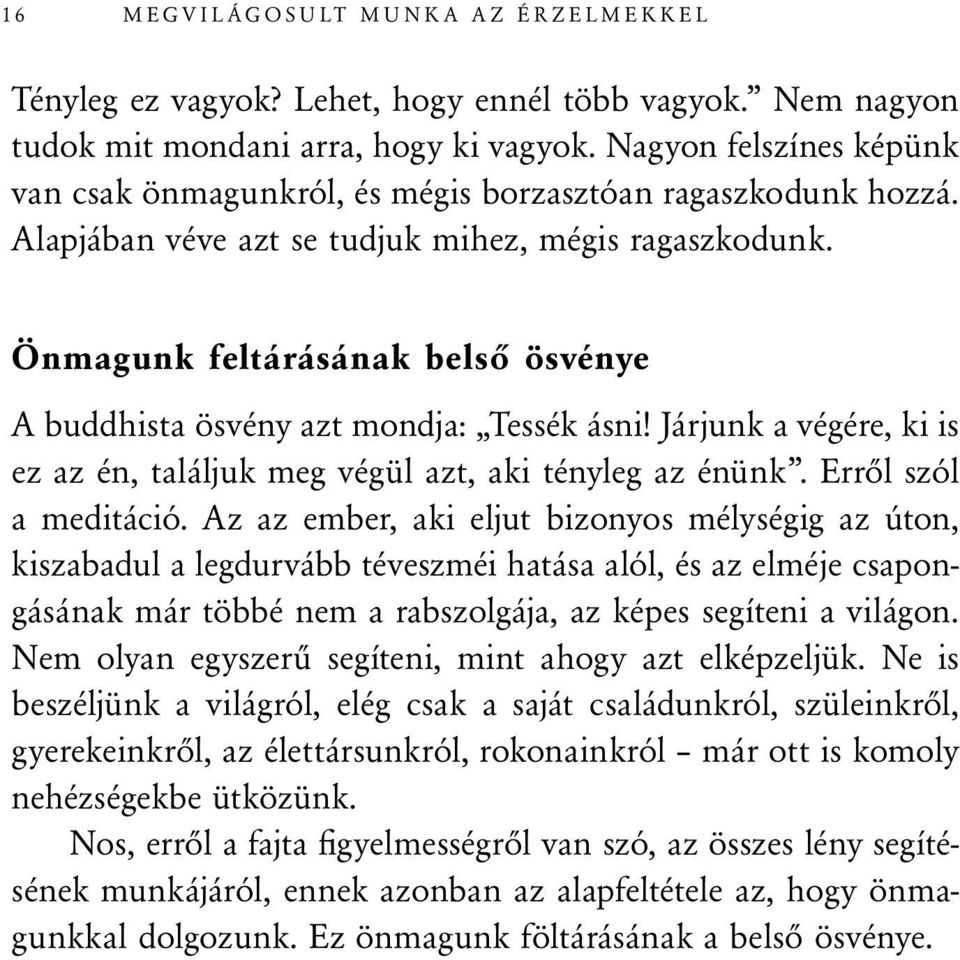 Önmagunk feltárásának belső ösvénye A buddhista ösvény azt mondja: Tessék ásni! Járjunk a végére, ki is ez az én, találjuk meg végül azt, aki tényleg az énünk. Erről szól a meditáció.