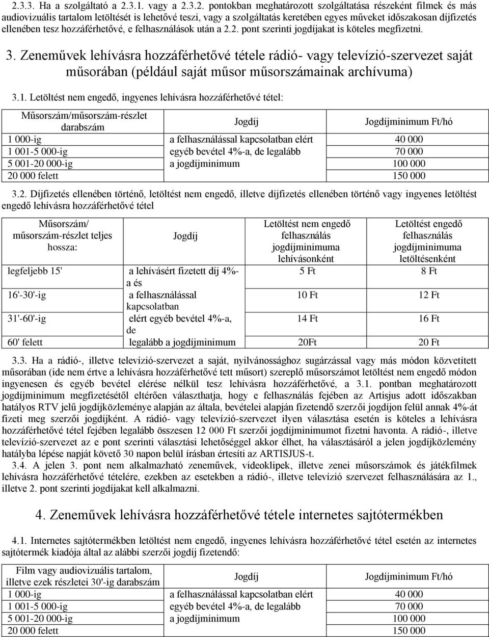 Zeneművek lehívásra hozzáférhetővé tétele rádió- vagy televízió-szervezet saját műsorában (például saját műsor műsorszámainak archívuma) 3.1.