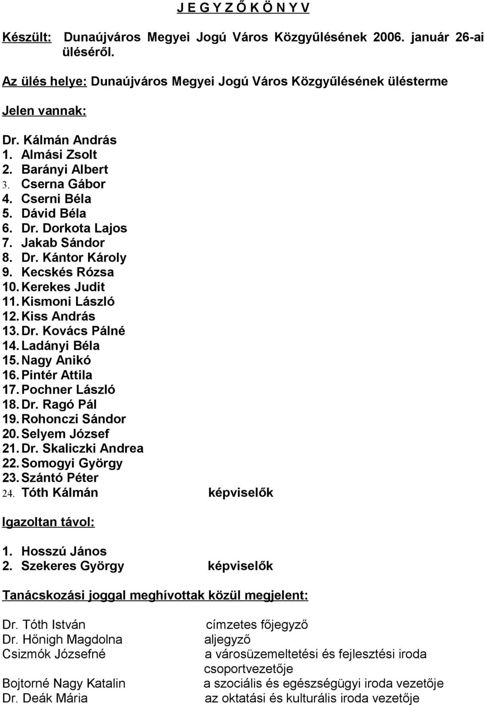 Kismoni László 12. Kiss András 13. Dr. Kovács Pálné 14. Ladányi Béla 15. Nagy Anikó 16. Pintér Attila 17. Pochner László 18.Dr. Ragó Pál 19. Rohonczi Sándor 20. Selyem József 21. Dr. Skaliczki Andrea 22.