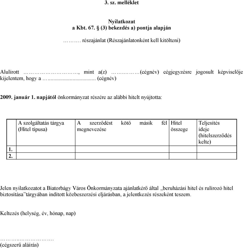 09. január 1. napjától önkormányzat részére az alábbi hitelt nyújtotta: 1. 2.