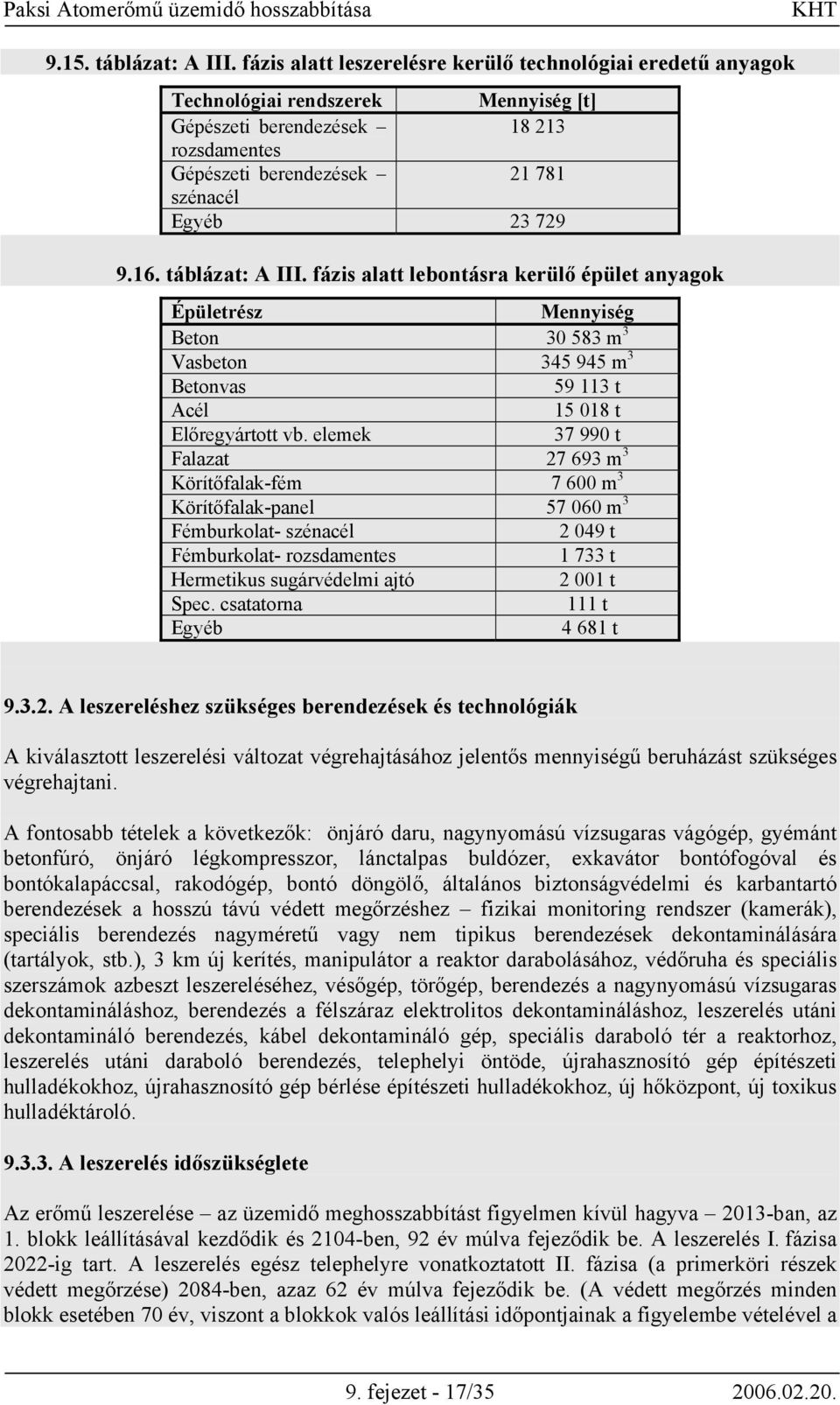 táblázat: A III. fázis alatt lebontásra kerülő épület anyagok Épületrész Mennyiség Beton 30 583 m 3 Vasbeton 345 945 m 3 Betonvas 59 113 t Acél 15 018 t Előregyártott vb.