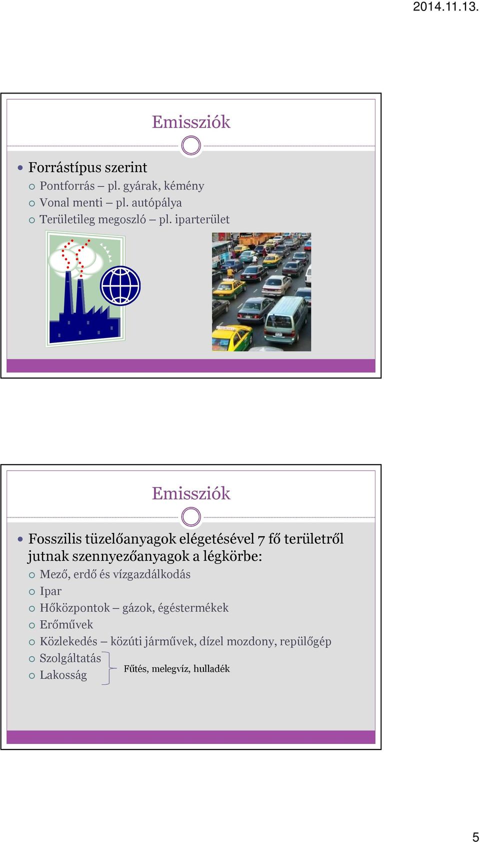 iparterület Emissziók Fosszilis tüzelőanyagok elégetésével 7 fő területről jutnak szennyezőanyagok