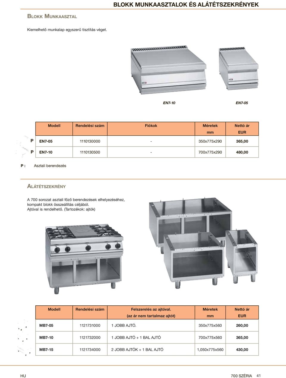 A 700 sorozat asztali főző berendezések elhelyezéséhez, kompakt blokk összeállítás céljából. Ajtóval is rendelhető.