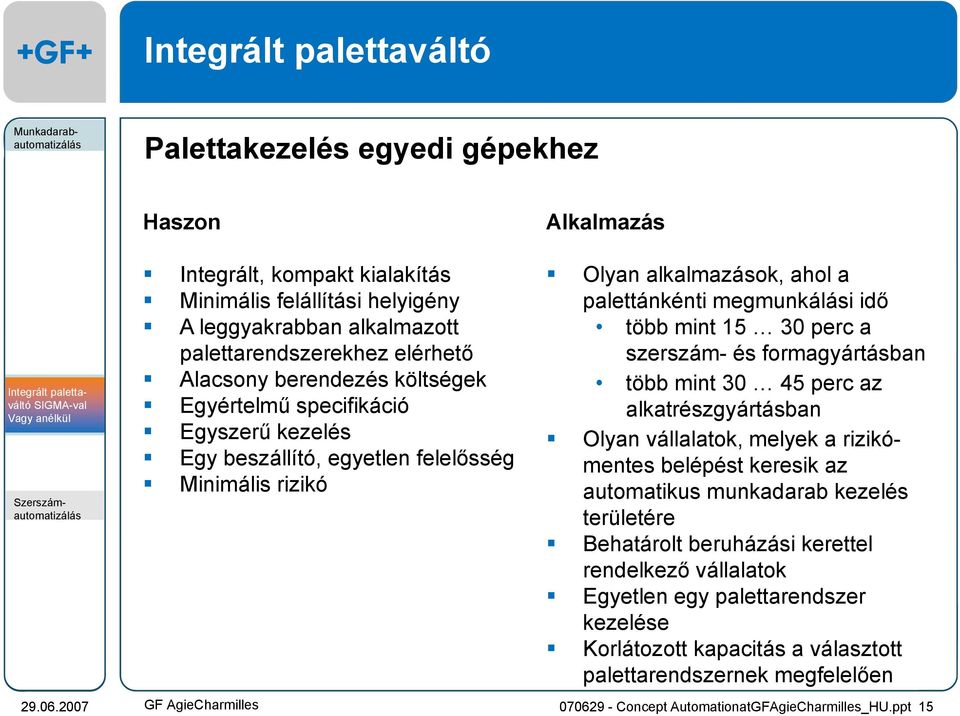 ltberuházási hááikerettel ttl rendelkező vállalatok Egyetlen egy palettarendszer kezelése Korlátozott kapacitás a választott palettarendszernek megfelelően Integrált, kompakt kialakítás Minimális