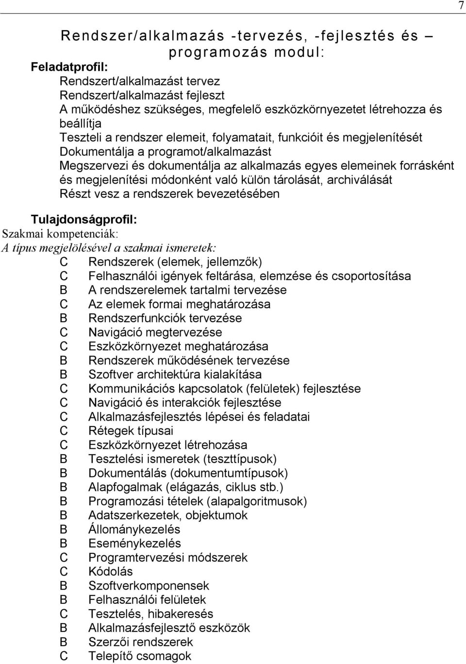 és megjelenítési módonként való külön tárolását, archiválását Részt vesz a rendszerek bevezetésében Tulajdonságprofil: Szakmai kompetenciák: A típus megjelölésével a szakmai ismeretek: C Rendszerek