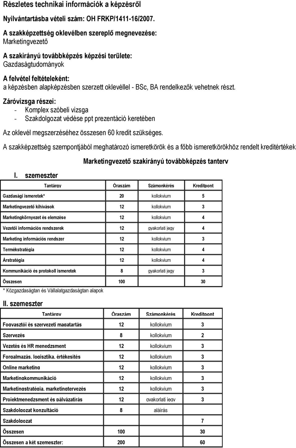 oklevéllel - BSc, BA rendelkezők vehetnek részt. Záróvizsga részei: - Komplex szóbeli vizsga - Szakdolgozat védése ppt prezentáció keretében Az oklevél megszerzéséhez összesen 60 kredit szükséges.