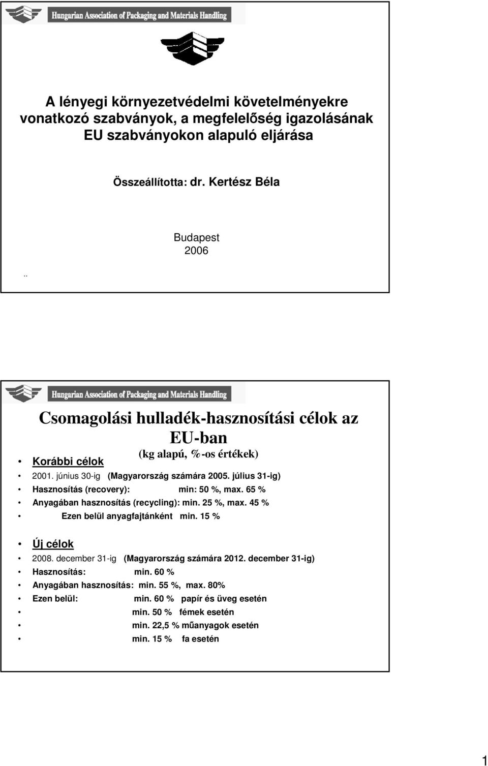 július 31-ig) Hasznosítás (recovery): min: 50 %, max. 65 % Anyagában hasznosítás (recycling): min. 25 %, max. 45 % Ezen belül anyagfajtánként min. 15 % Új célok 2008.