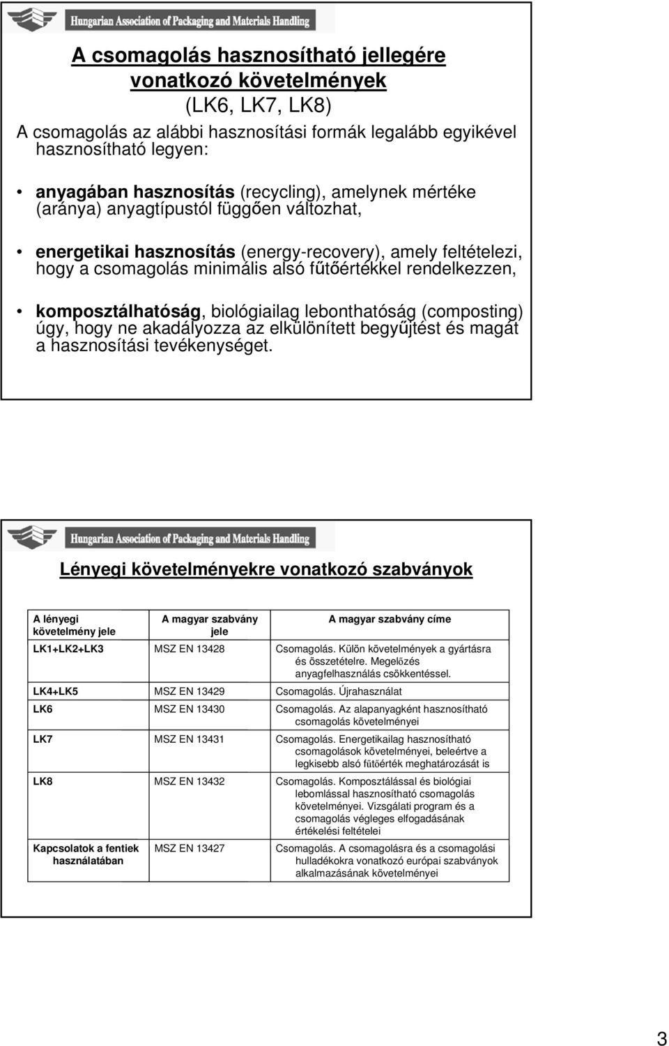 biológiailag lebonthatóság (composting) úgy, hogy ne akadályozza az elkülönített begyűjtést és magát a hasznosítási tevékenységet.