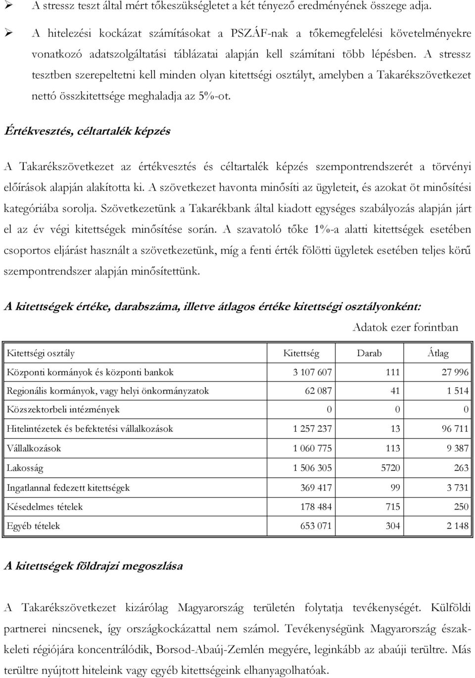 A stressz tesztben szerepeltetni kell minden olyan kitettségi osztályt, amelyben a Takarékszövetkezet nettó összkitettsége meghaladja az 5%-ot.