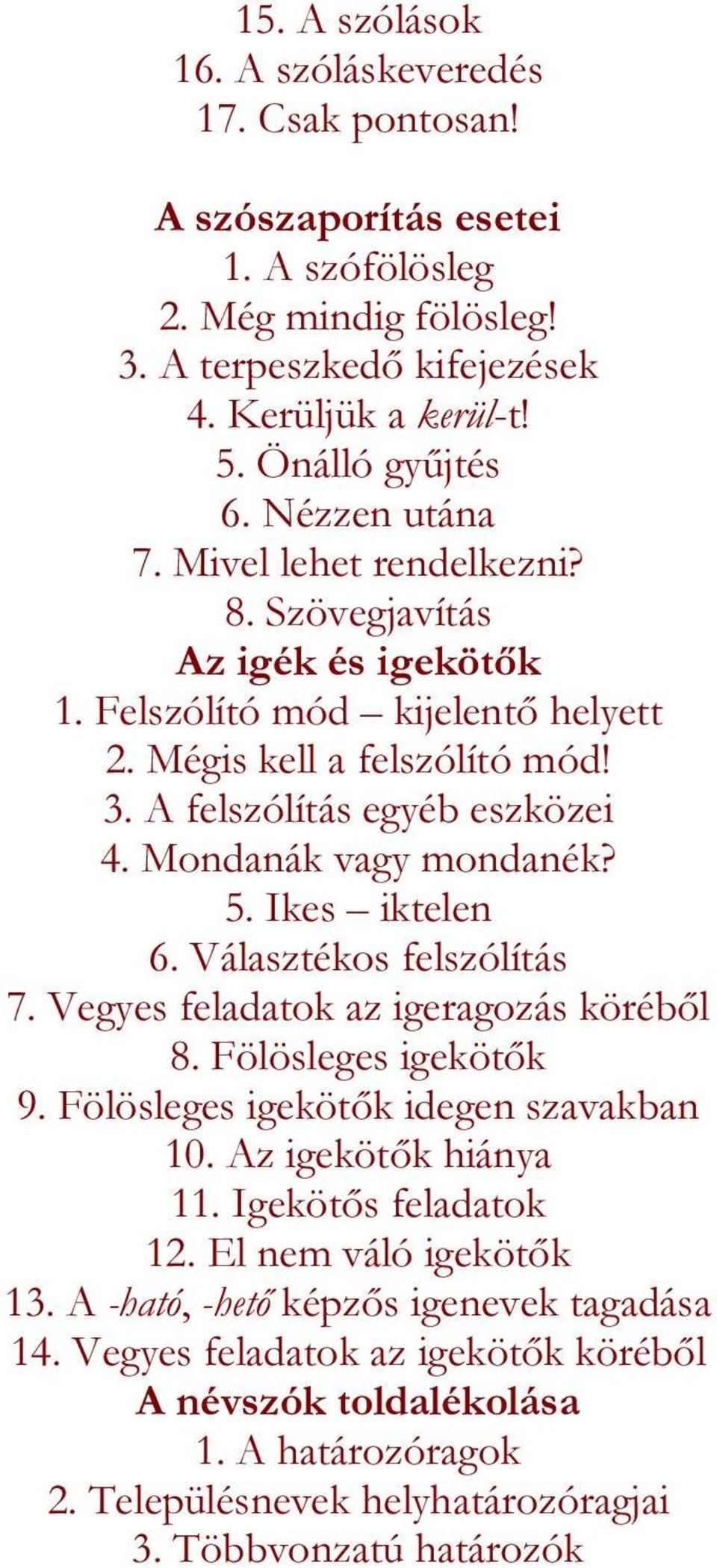 Mondanák vagy mondanék? 5. Ikes iktelen 6. Választékos felszólítás 7. Vegyes feladatok az igeragozás köréből 8. Fölösleges igekötők 9. Fölösleges igekötők idegen szavakban 10. Az igekötők hiánya 11.