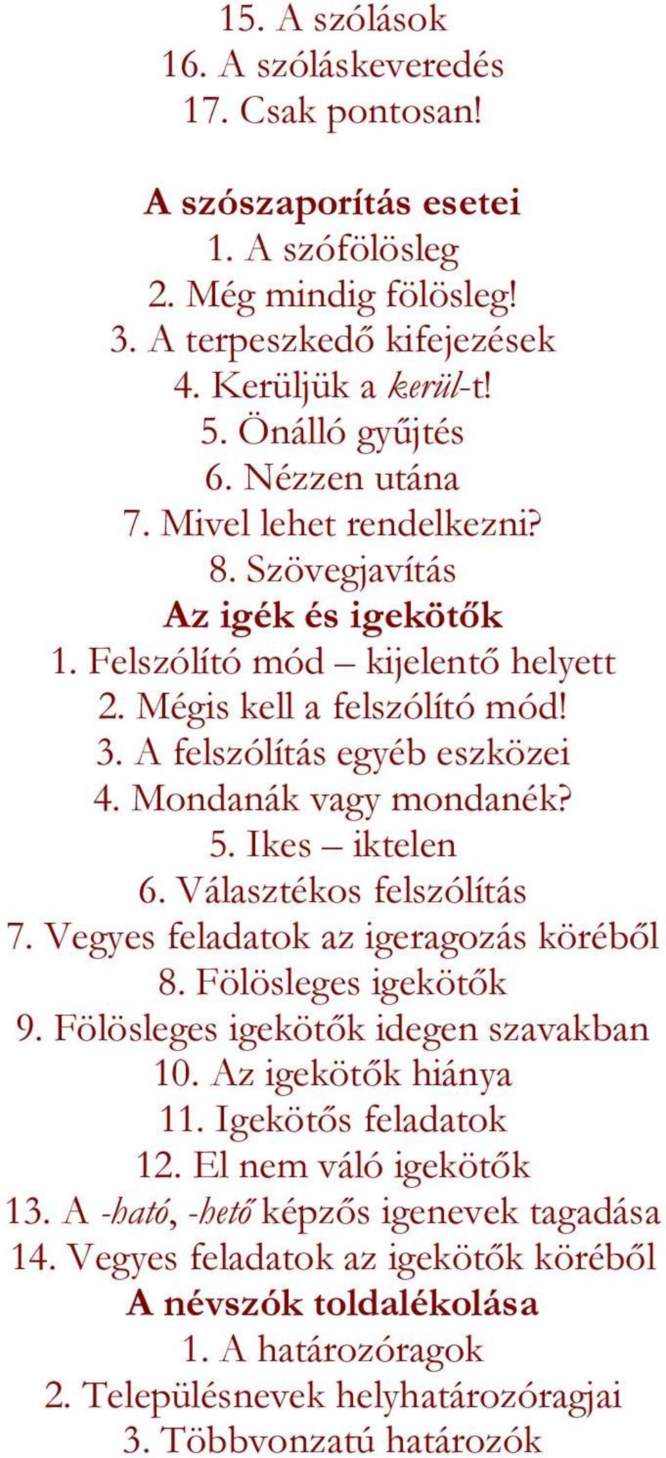 Mondanák vagy mondanék? 5. Ikes iktelen 6. Választékos felszólítás 7. Vegyes feladatok az igeragozás köréből 8. Fölösleges igekötők 9. Fölösleges igekötők idegen szavakban 10. Az igekötők hiánya 11.