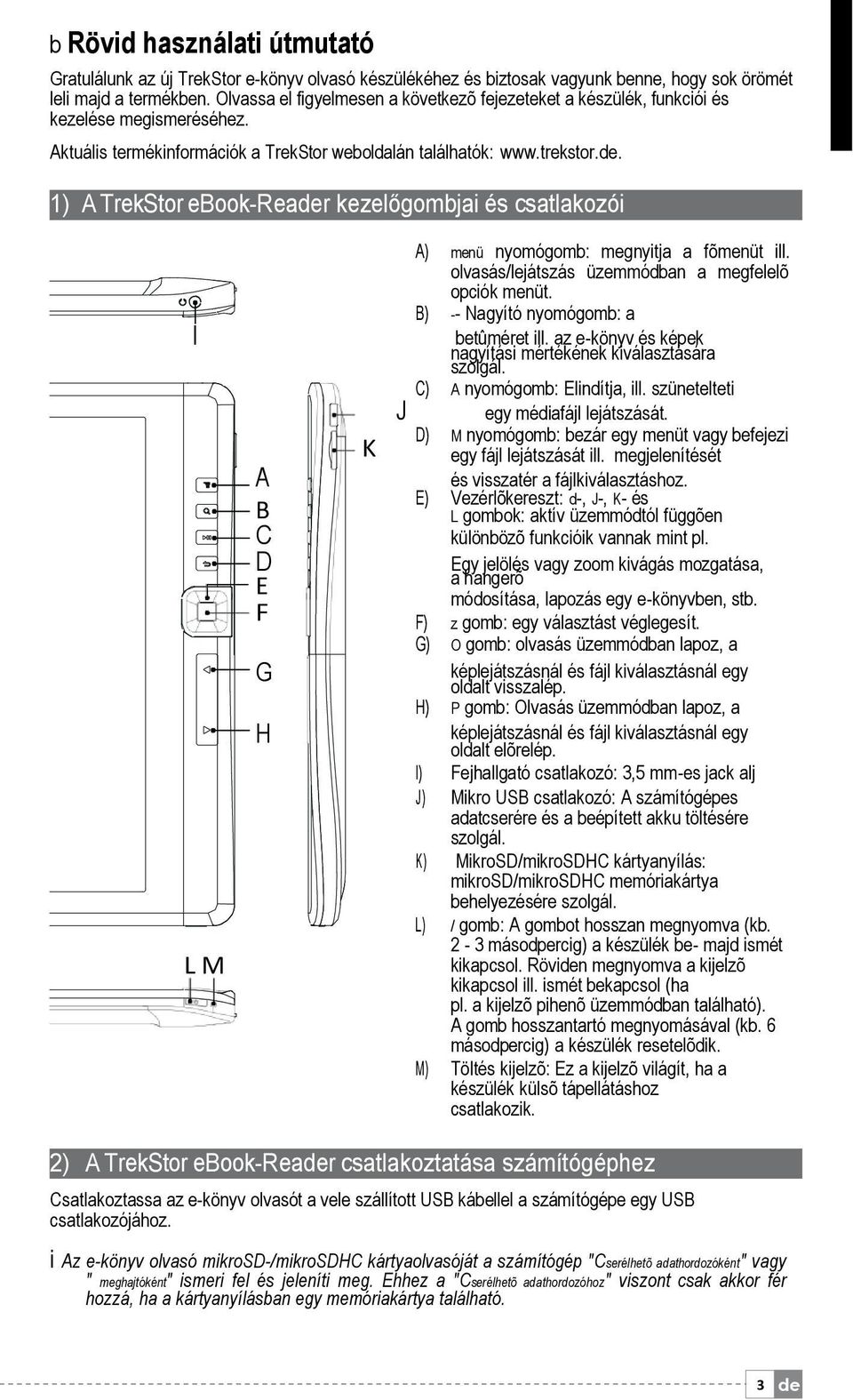 1) A TrekStor ebook-reader kezelőgombjai és csatlakozói I L M A B C D E F G H K J A) menü nyomógomb: megnyitja a fõmenüt ill. olvasás/lejátszás üzemmódban a megfelelõ opciók menüt.