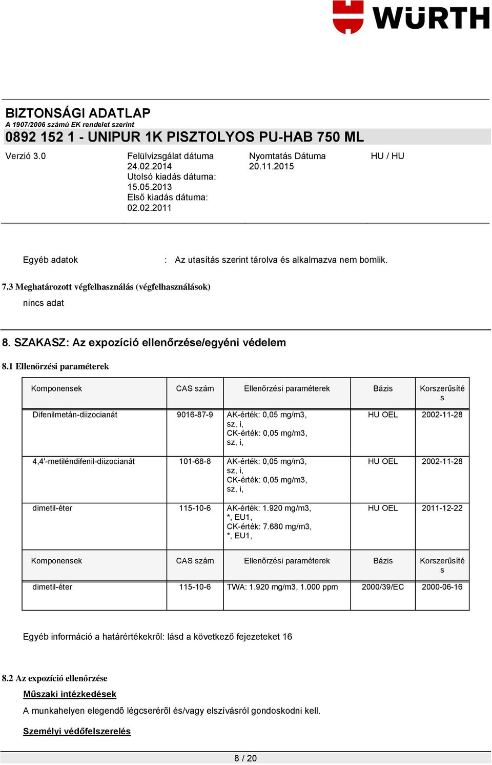 AK-érték: 0,05 mg/m3, sz, i, CK-érték: 0,05 mg/m3, sz, i, dimetil-éter 115-10-6 AK-érték: 1.920 mg/m3, *, EU1, CK-érték: 7.