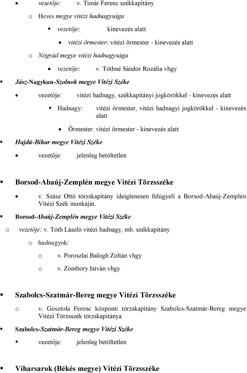 alatt Őrmester: vitézi őrmester - kinevezés alatt Hajdú-Bihar megye Vitézi Széke vezetője: jelenleg betöltetlen Brsd-Abaúj-Zemplén megye Vitézi Törzsszéke v.